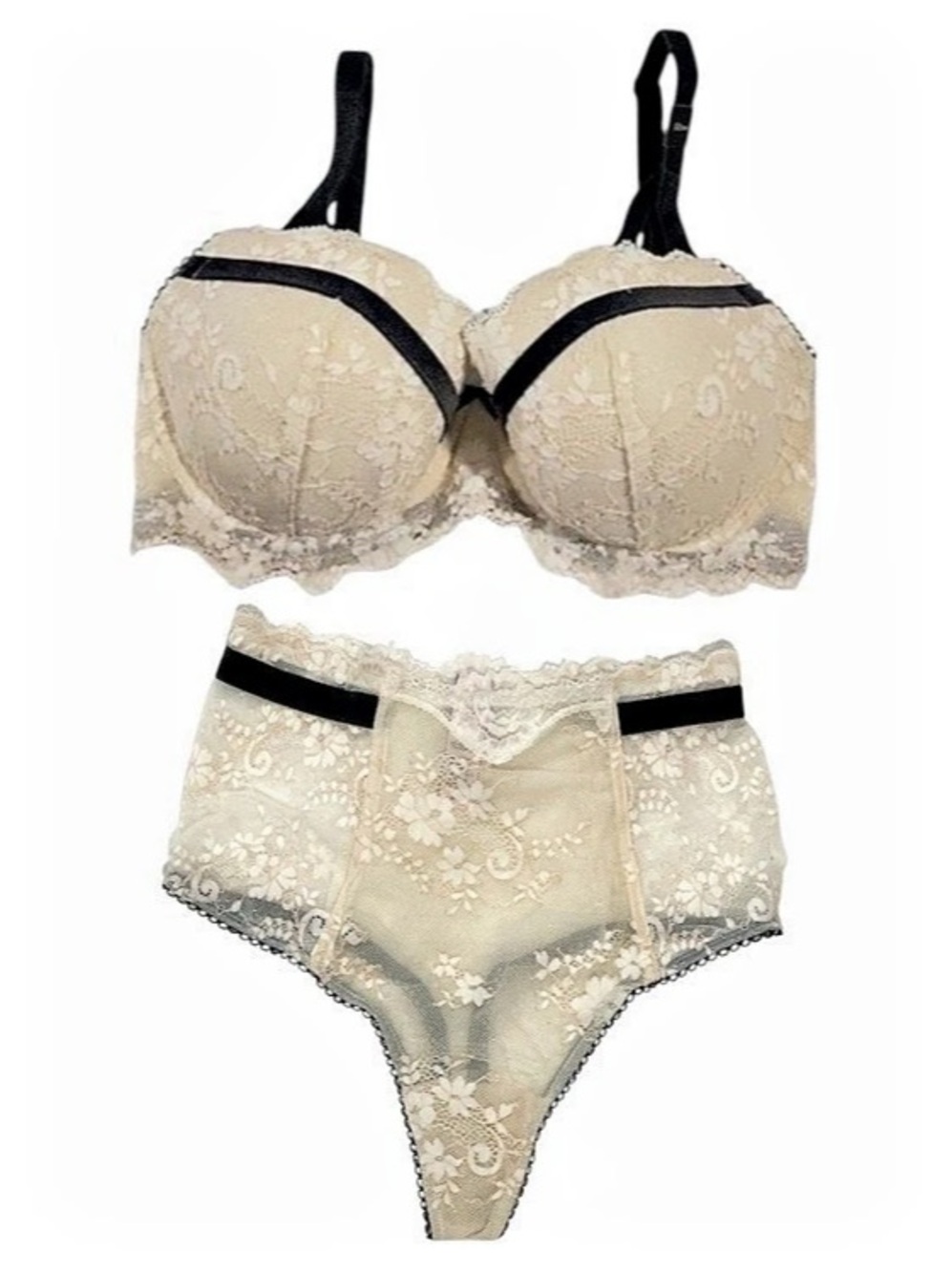 Victoria’s Secret Floral Lace Velvet Beige Black Bra Panty Set | 32E(DD)/S | NWT